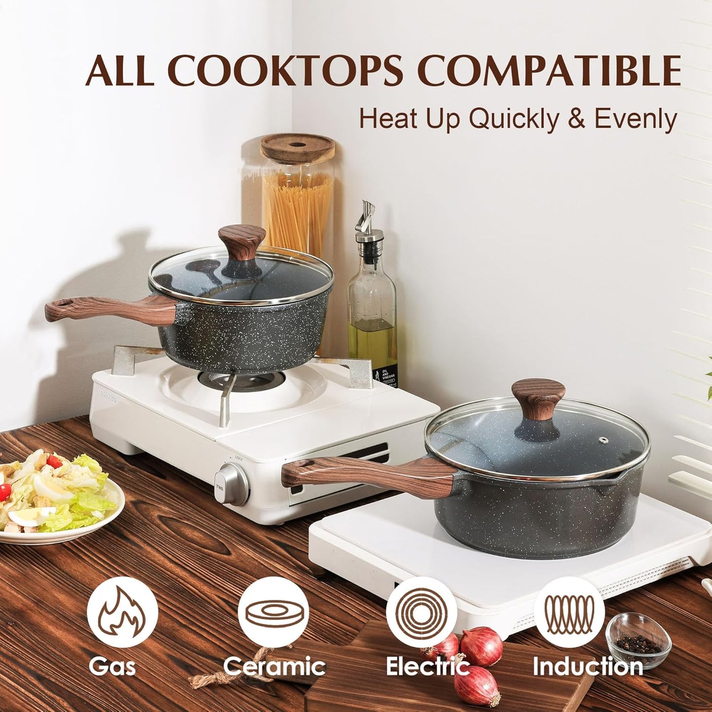 SENSARTE Nonstick Sauce Pan with Lid Saucepan Set, Swiss Granite Coating Sauce Pot Kitchen Cooking Pot, Induction Comptable, Free of Intentionally Added PFOA, 1.5 + 2.5 QT