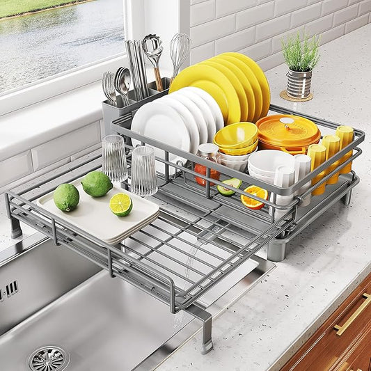 SNTD Dish Drying Rack - Extendable Dish Rack, Large Sink Drying Dish Drainer for Kitchen Counter, Stainless Steel Dish Strainer with Utensil Holder (Grey)
