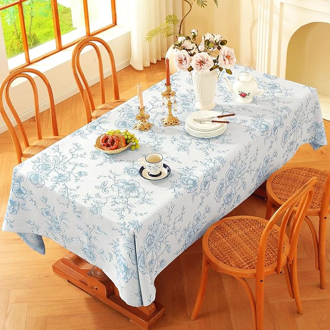 Chassic Premium Vintage Farmhouse Damask Floral 52 x 52 inch Square Table Cloth – Water Resistant Linen Textured Jacquard Tablecloth for Kitchen Dining & Picnic Decor - Blue