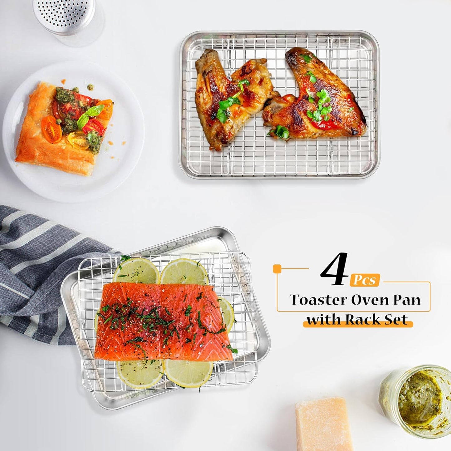 TeamFar Toaster Oven Pan with Rack Set, 10.5 x 8 x 1 Inch Stainless Steel Small Baking Pan Tray with Grid Rack for Baking Roasting Cooling, Non-Toxic & Heavy-Duty, Dishwasher Safe, (2 Pans + 2 Racks)