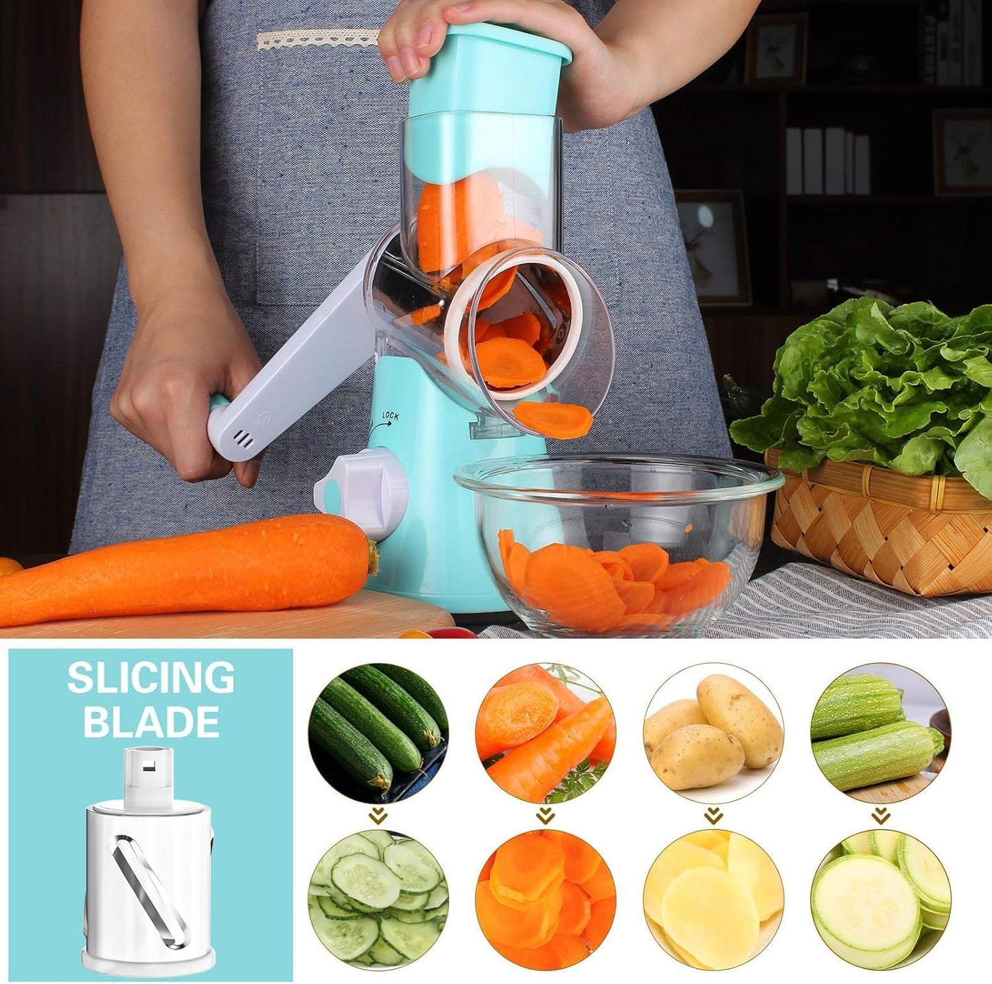 Cambom Rotary Cheese Grater Hand Crank Cheese Shredder for Fresh Cheese, Vegetable, Nuts,Non-slip Suction Base, Free Cleaning Brush Three Blades, Blue