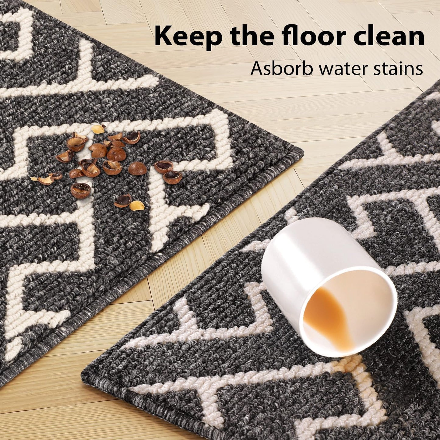 hicorfe Kitchen Rugs and Mats Sets,Non-Slip 2 Pieces Absorbent 100% Polypropylene Rug,Comfort Kitchen Runner Mat,Washable for Kitchen,Sink,Laundry(20" x 31.5" Plus 20" x 59",Black)