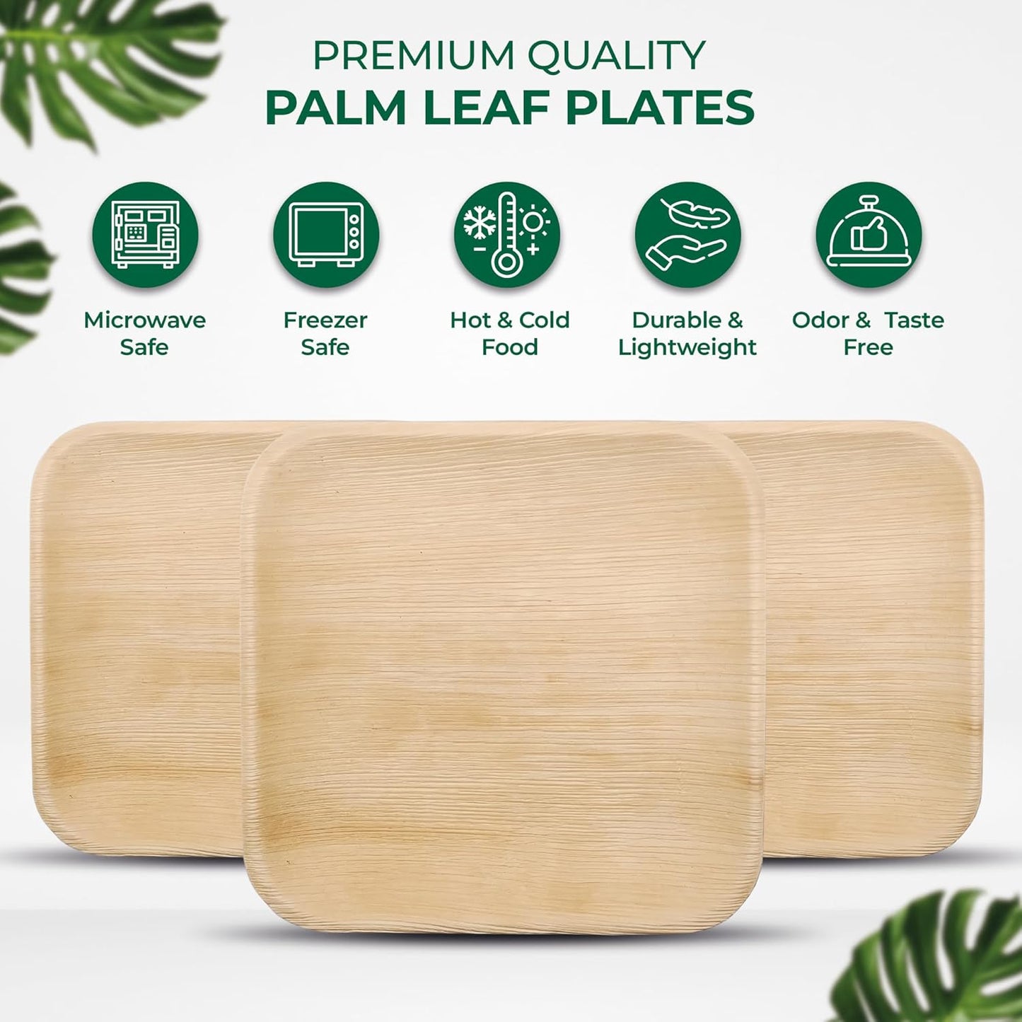 Palm Leaf Disposable Plates - Bamboo Plates Disposable 7 Inch Square (50pc) - 100% Compostable & Biodegradable Plastic-Free Plates - Heavy-Duty, Party Dinnerware Set - Microwave & Oven Safe