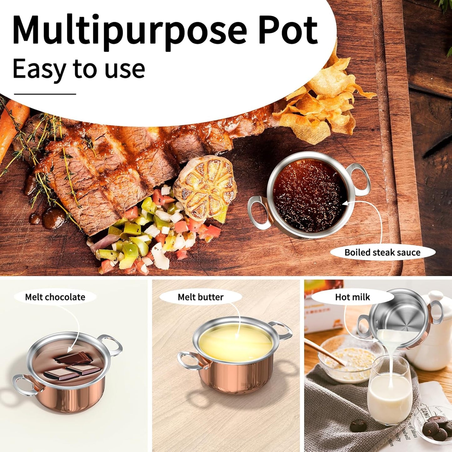 Macevia Mini Sauce Pan with Lid,Copper Butter Warmer Small Pot, Multipurpose Use for Home Kitchen or Restaurant (13.5oz/400ml)