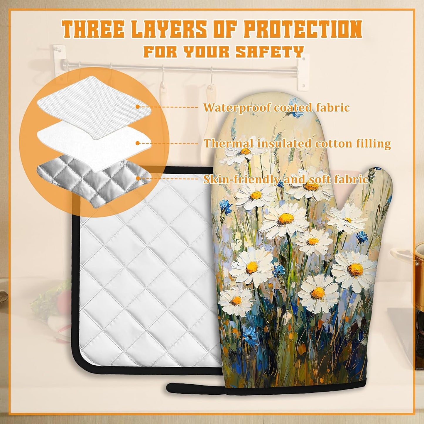 Vintage Daisy Flower Oven Mitts and Pot Holders,Heat Resistant Oven Mitts Gloves and Pot Holder for Home Kitchen Decorations Cooking Baking BBQ Gifts,Set of 4