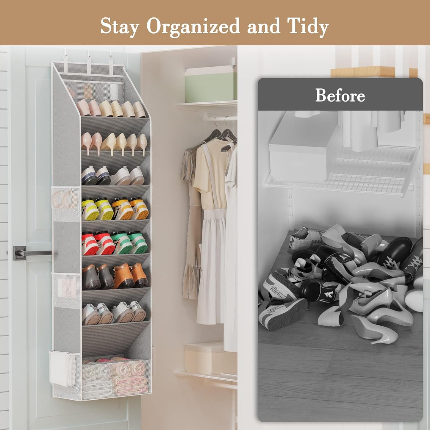 Criusia Shoe Organizer, Over the Door Shoe Organizer, Hanging Closet Shoe Storage with Large Deep Pockets, Fits 16–24 Pairs of Sneakers, Sandals, Boots, Gray