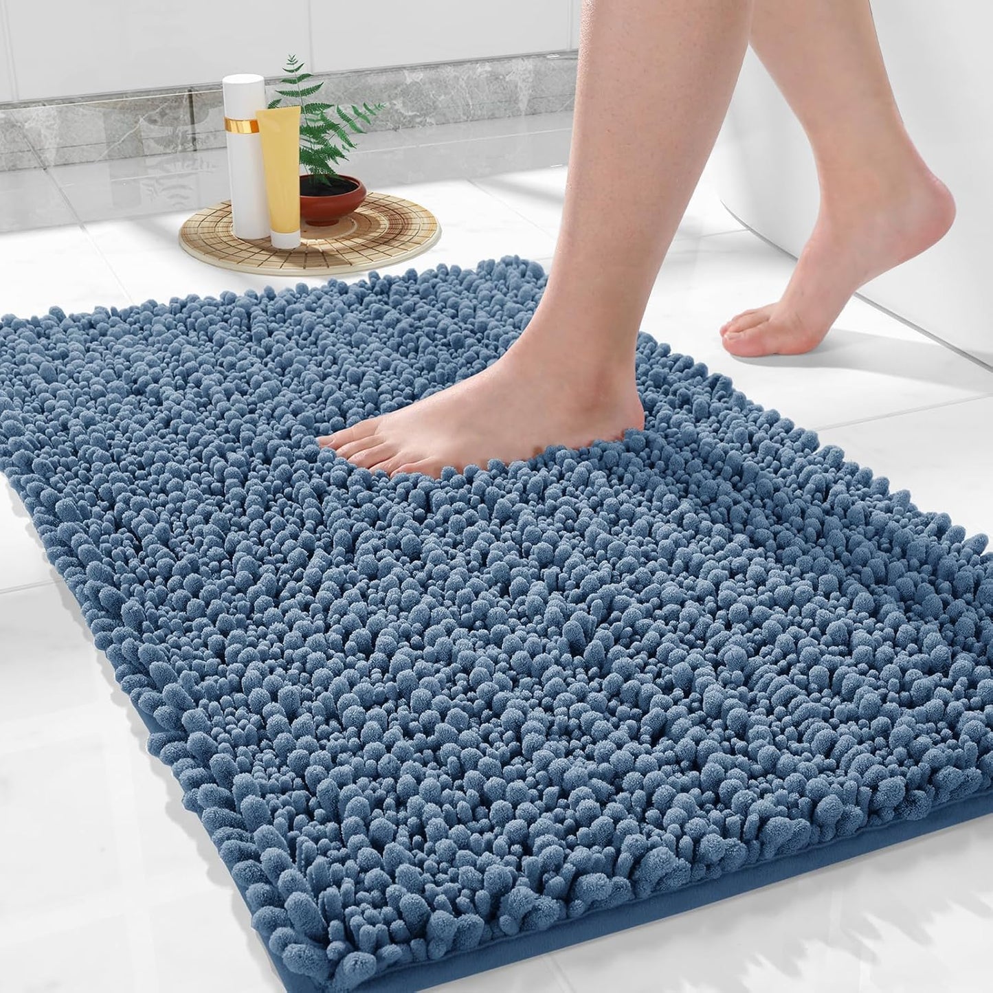 Yimobra Large Bathroom Rugs Non Slip Washable 36x24 Inch - Ultra Soft Absorbent Chenille Bath Mat, Quick Dry Shaggy Floor Carpet for Tub Shower, Denim Blue Home Decor Accessories