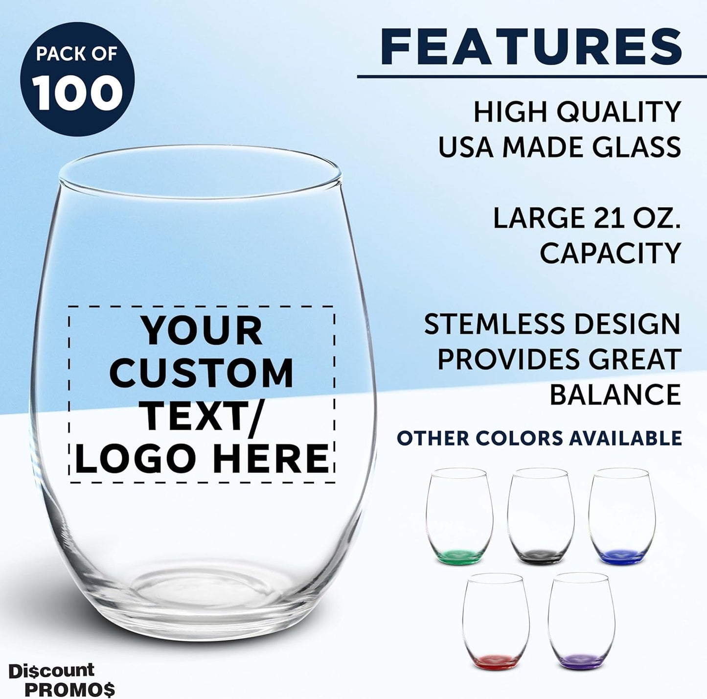 DISCOUNT PROMOS 100 ARC Stemless Wine Glasses Set, 21 oz. - Customizable Text, Logo - Chardonnay, Cabernet, Merlot, Sauvignon - Clear