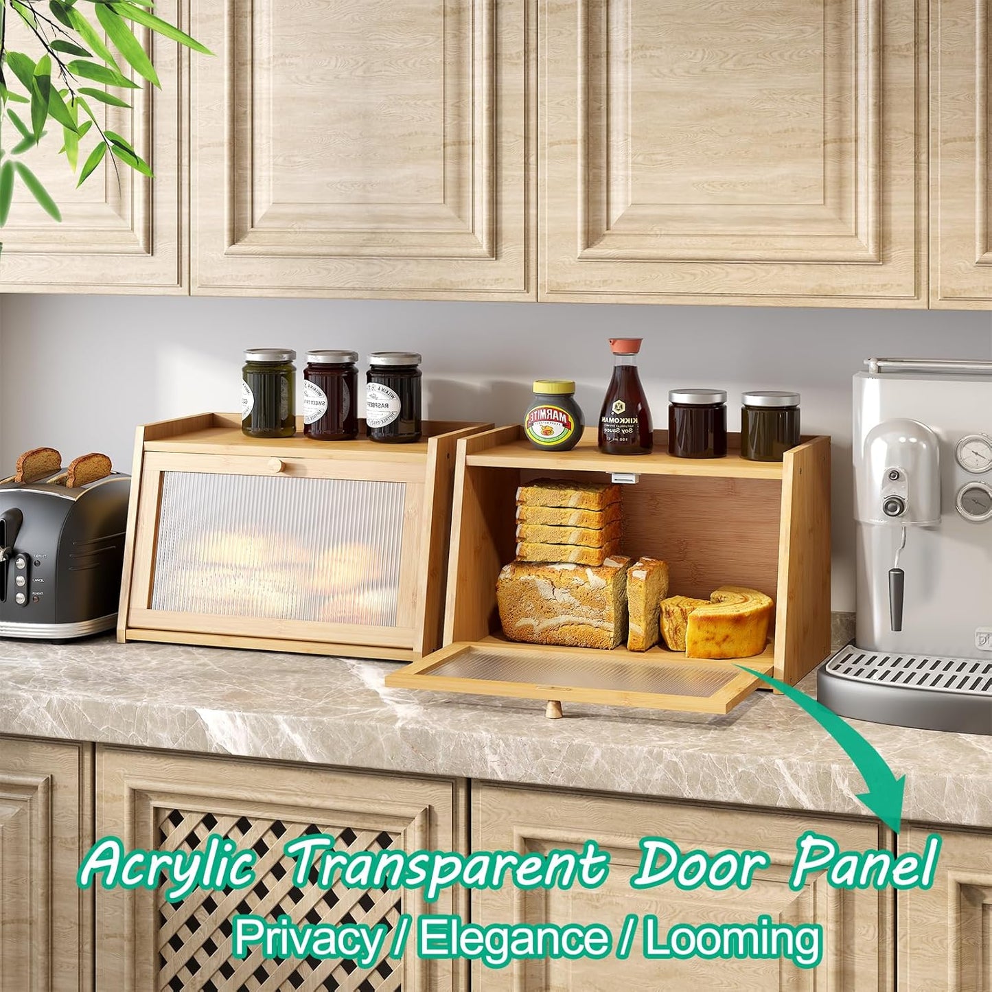 Bread Box for Kitchen Counter, Large Bamboo Bread Storage Container with Wavy Arcylic Door, Bamboo Wooden Farmhouse Bread Box for Your House (Natural, Medium)