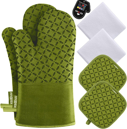 KEGOUU Oven Mitts and Pot Holders 6pcs Set, Kitchen Oven Glove High Heat Resistant 500 Degree Extra Long Oven Mitts and Potholder with Non-Slip Silicone Surface for Cooking (Olive Drab)