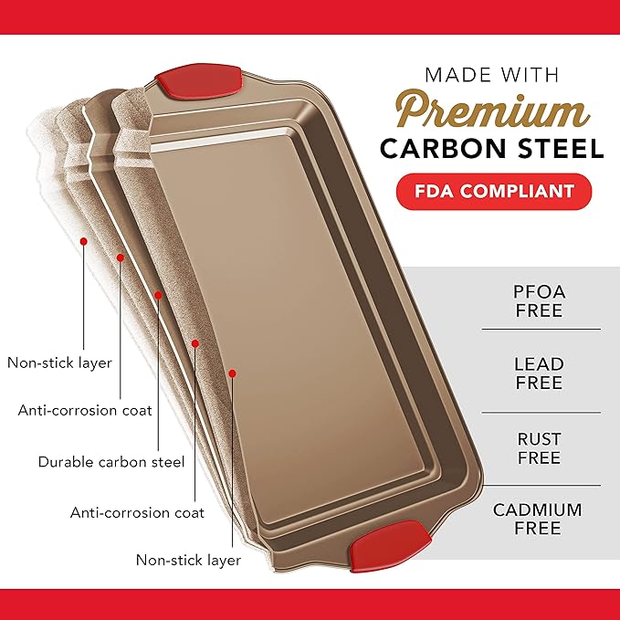 Baking Sheet Set, 3-Piece Cookie Sheet Set with Silicone Handles, Steel Baking Pans Set, Durable Baking Sheets for Oven, BPA Free Cookie Sheets for Baking Nonstick Set, Sheet Pan - Bronze Baking Pan