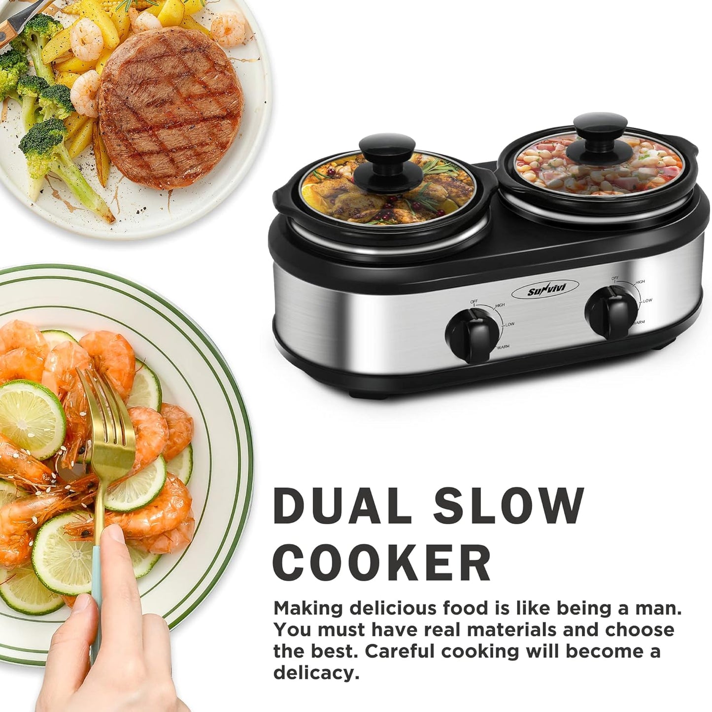 Sunvivi Dual Pot Slow Cooker, 2 Pot Small Mini Crock Buffet Server and Warmer, Upgraded Oval Ceramic Double Pot Buffet Food Warmer Adjustable Temp Glass Lid, Total 2.5 Quarts