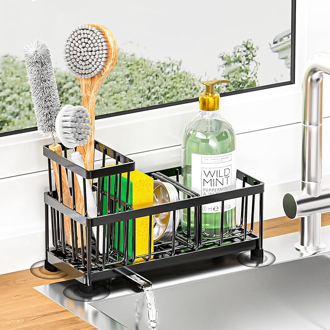 Black Sponge Holder for Kitchen Sink, Self-Draining Kitchen Sink Organizer with High Brush and Dishcloth Holder,304 Stainless Steel, Rustproof, Soap Caddy Dispenser for Countertop