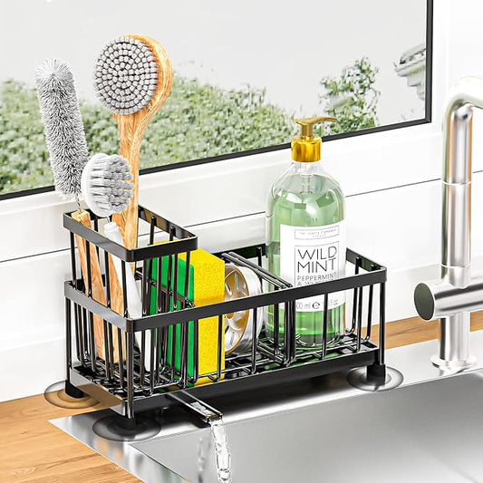 Black Sponge Holder for Kitchen Sink, Self-Draining Kitchen Sink Organizer with High Brush and Dishcloth Holder,304 Stainless Steel, Rustproof, Soap Caddy Dispenser for Countertop