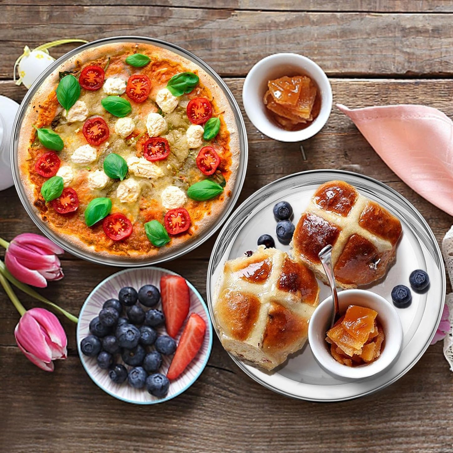 P&P CHEF 10 Inch Pizza Pan, Stainless Steel Round Pizza Tray Baking Pans, Pizzas Plate Serving Tray for Cookie Meat, Oven & Dishwasher Safe & Easy Cleaning, (Mirror Finish) - 2 Pieces