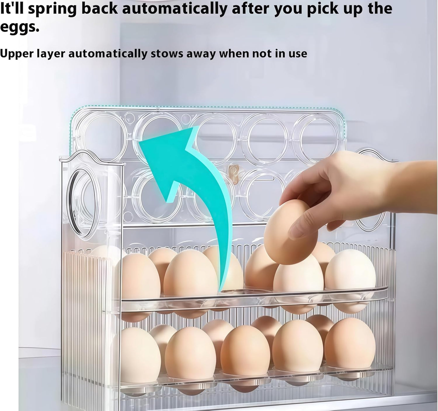 Auto-Flip egg storage for refrigerator，side fridge storage rack egg tray for refrigerator，Eggs Holder Countertop with Timers, Space-Saving Eggs Dispenser for Refrigerator, 30 Eggs Container for
