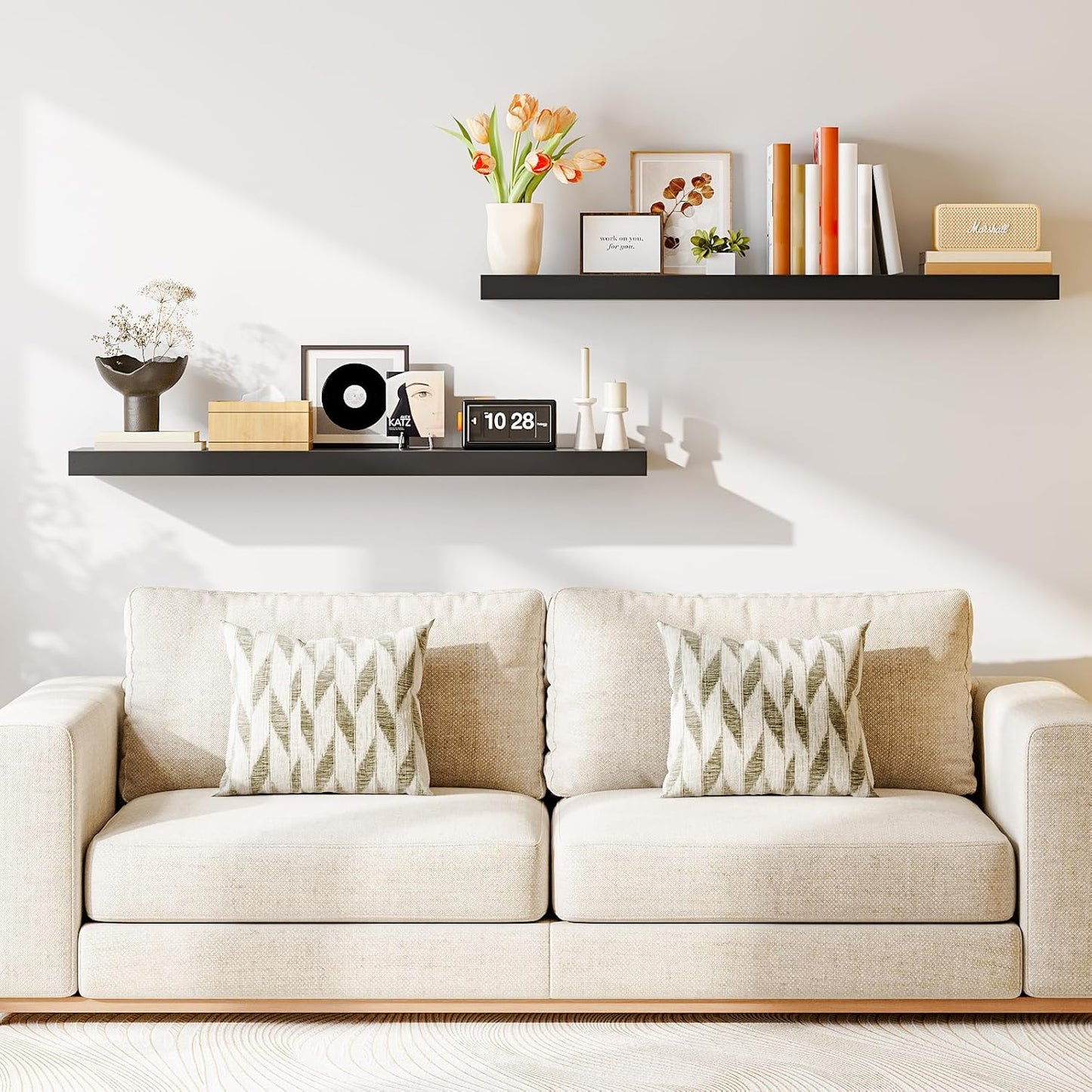 HOOBRO Floating Shelves for Wall, Wall Mounted Shelf Set of 2, 47.2" Hanging Shelf with Invisible Brackets, for Wall in Bathroom, Bedroom, Toilet, Kitchen, Living Room, Office, Black BK120BJP201