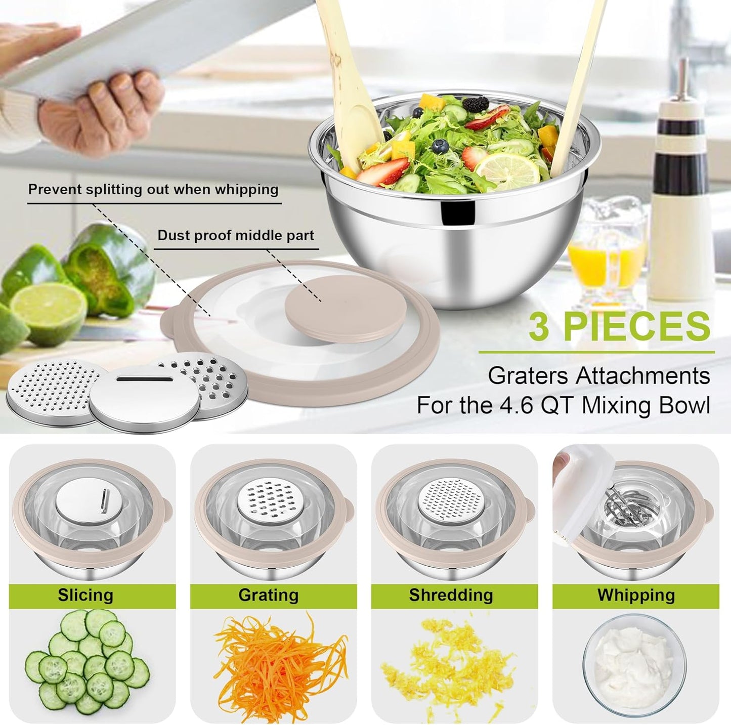 E-far Mixing Bowls with Lids Set of 5, Stainless Steel Salad Mixing Bowl with Transparent Lid, Metal Nesting Storage with 3 Graters for Kitchen Prepping/Serving/Baking, 4.6/2.6/1.5/1/0.7 QT - Colorful