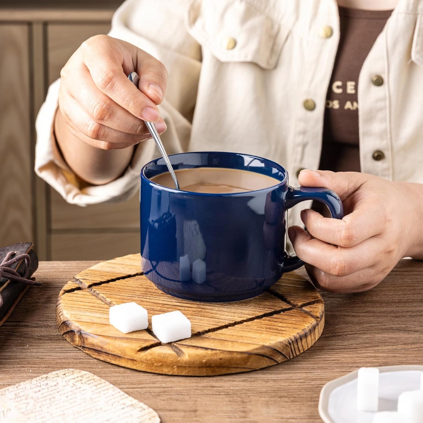 GBHOME 14 OZ Coffee Mugs Set of 6, Stackable Ceramic Mugs for Men, Women, Modern Coffee Cups for Latte,Cappuccino,Hot Cocoa. Dishwasher & Microwave Safe, Navy Blue