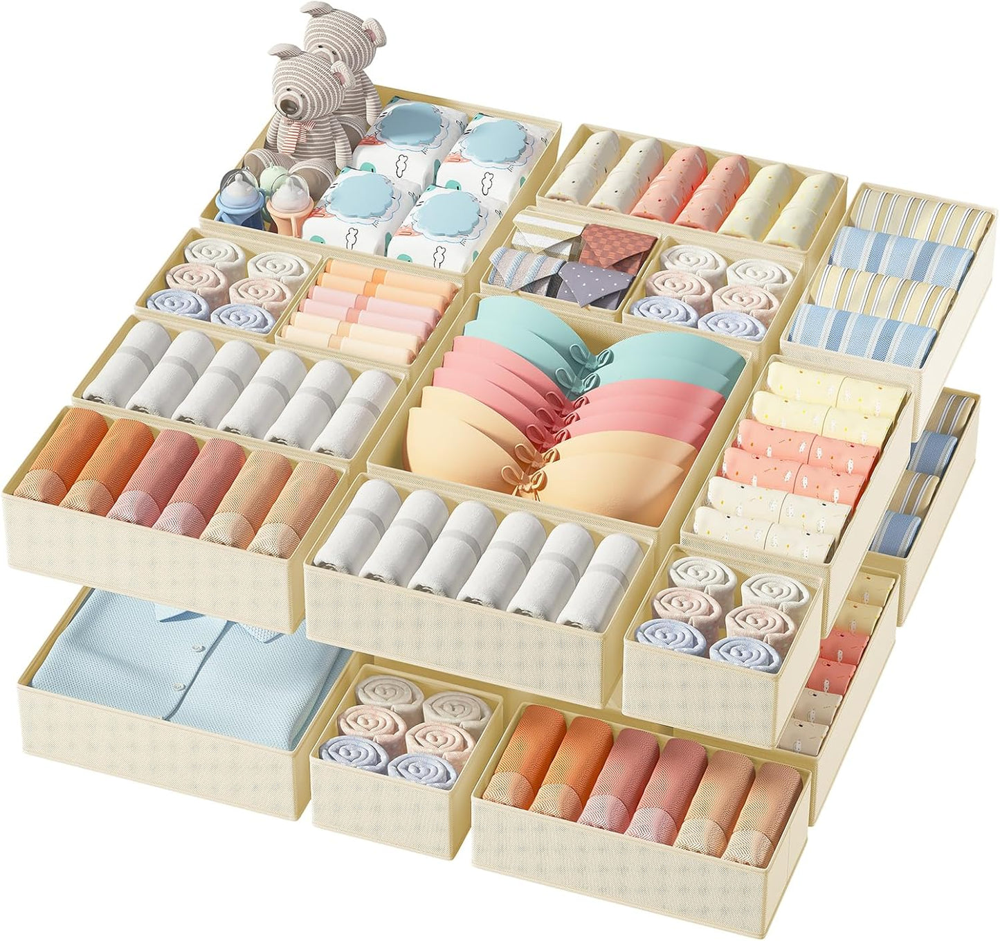 DIMJ Drawer Organizer Clothes, 18 Pack Dresser Organizer, Foldable Closet Organizers and Storage, Fabric Dresser Bins, Drawer Dividers for Nursery, Baby Clothes, Underwears, Sock (Beige)