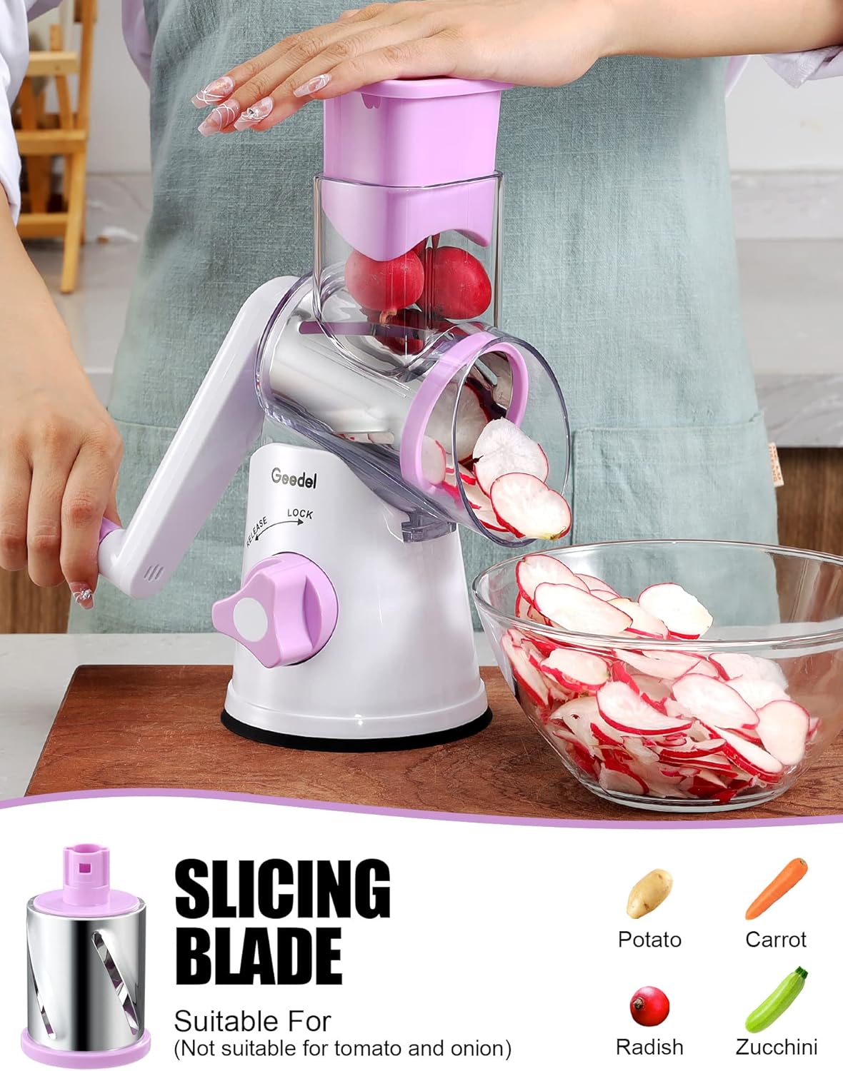 Geedel Rotary Cheese Grater, Kitchen Mandoline Vegetable Slicer with 3 Interchangeable Blades, Easy to Clean Rotary Grater Slicer for Fruit, Vegetables, Nuts