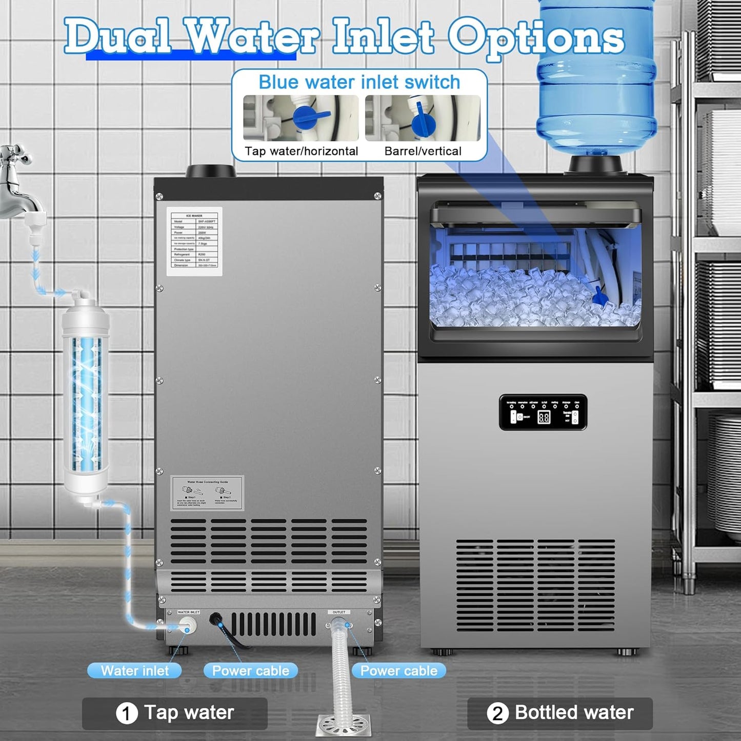 Commercial Ice Maker Machine 110lbs/24H with 22lbs Storage, Stainless Steel Freestanding Ice Machine 2 Water Inlet Modes 40Ice/Cycle, Self-Cleaning Function for Homes Restaurants Bars