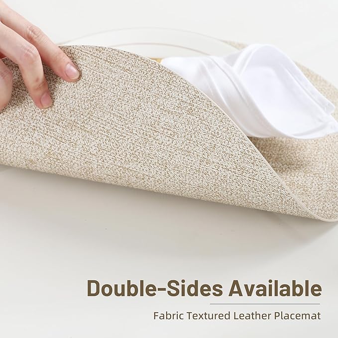 Beige Round Placemats Set of 6 Dual Sided Faux Leather Place Mats Indoor Placemats for Dining Table Outdoor Placemats Waterproofing Non-Slip Washable Table Mats 14 inch