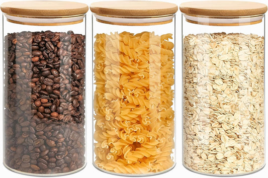 40oz Round Glass Storage Containers with Lids, Clear Food Storage Container Jar with Sealing Bamboo Lid for Noodles Flour Cereal Rice Sugar Tea Coffee Beans, Round Set of 3