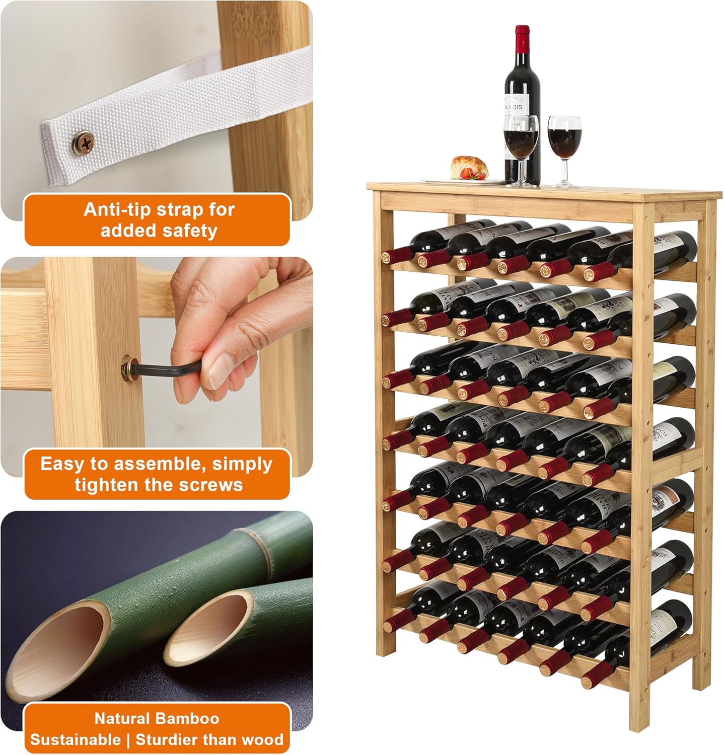 VASMIA 42 Bottles Bamboo Wine Rack,7-Tier Wine Rack Freestanding Floor with Table Top, Wine Storage Shelf for Kitchen Dining Room Bar,Natural