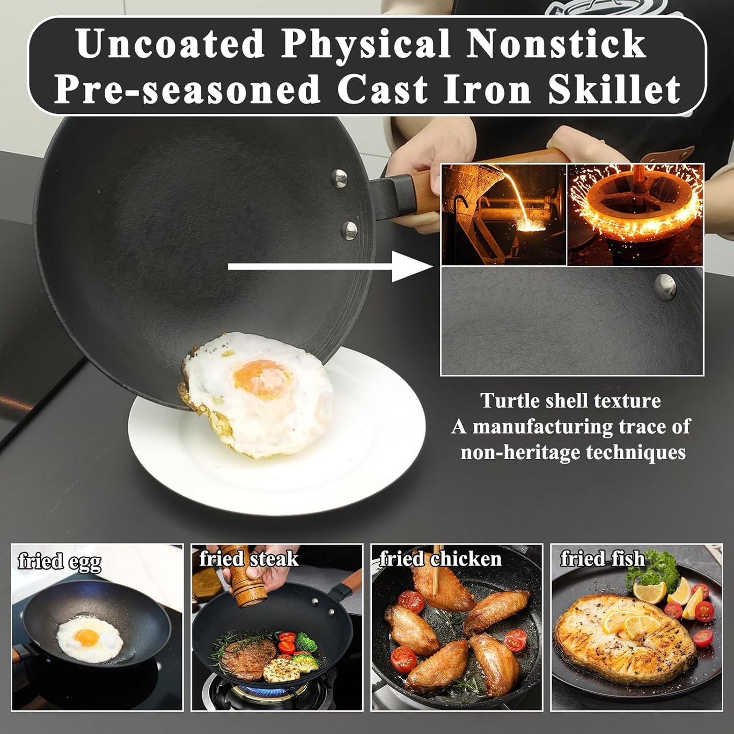 9 inch Omelette Pan, Uncoated ICH Clay Mold Cast Iron Egg Frying Pan with Wood Handle, Preseasoned Lightweight Healthy Small Skillet for All Stoves