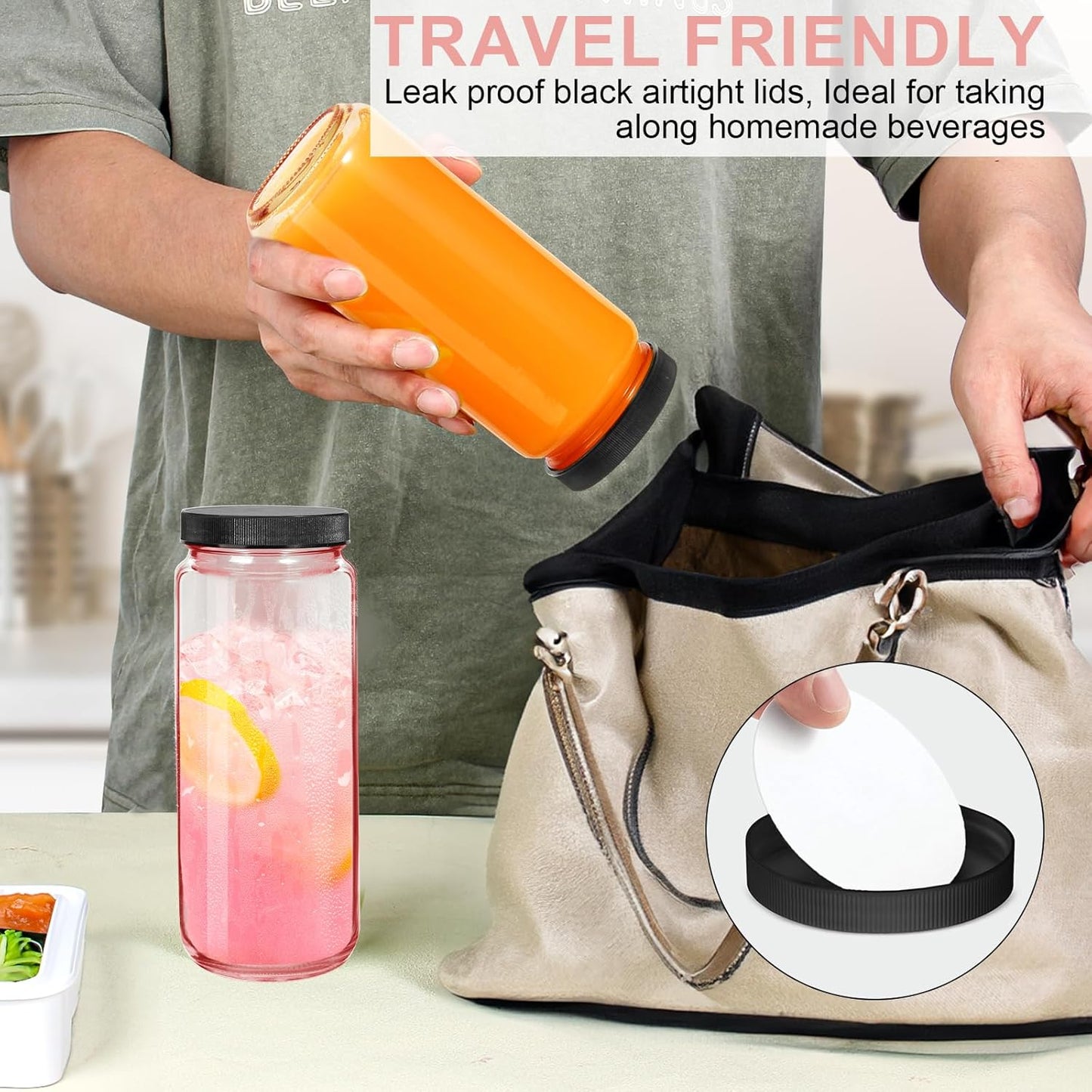 Ruckae Pink 16oz 10 Pack Juice Bottles, Glass Bottles Juicing with Lids, Smoothie Cup Lids and Straws, Water Bottle Mason Jar Drinking Glasses for Juicing, Smoothies, Kombucha