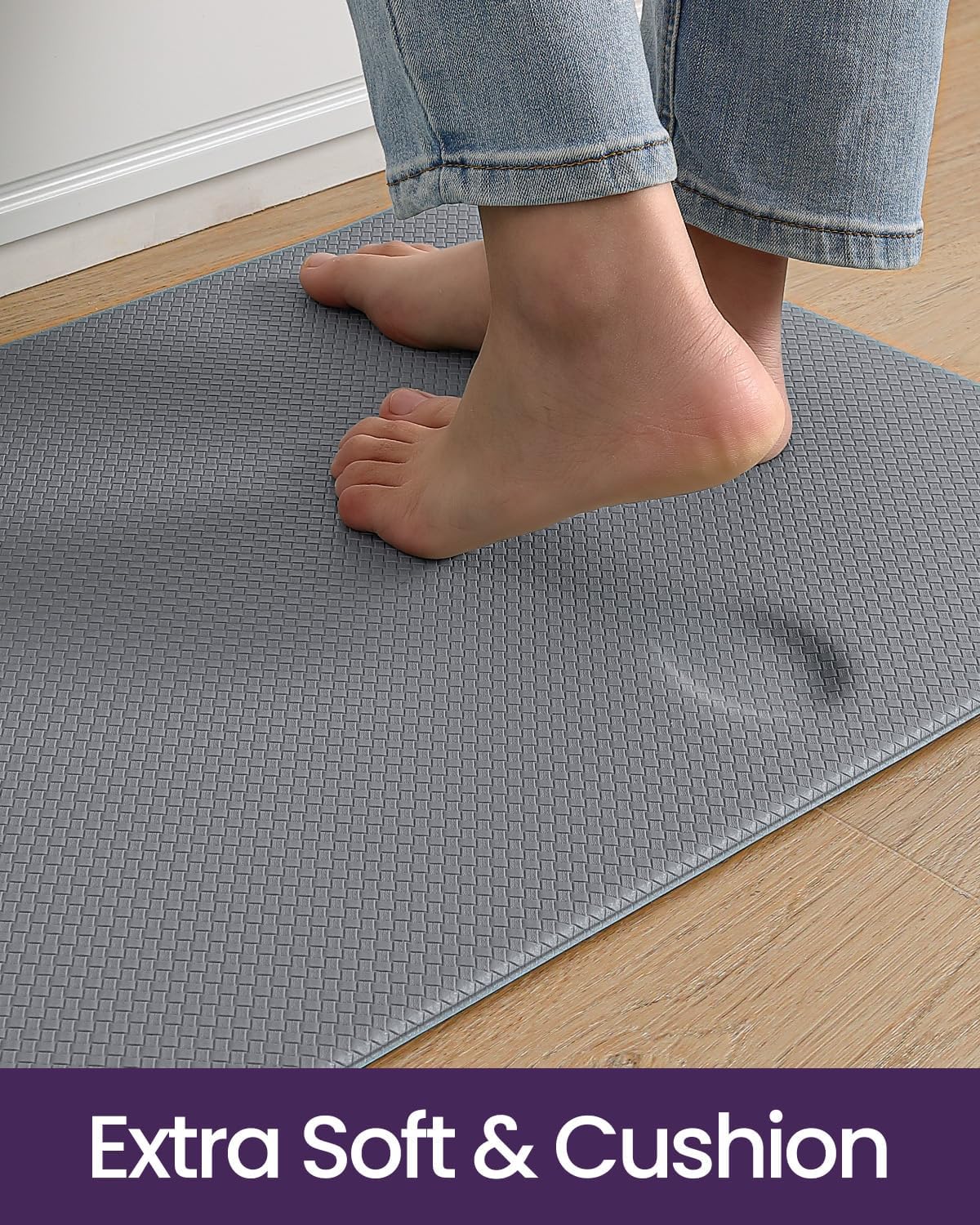 DEXI Kitchen Floor Mats Cushioned Anti Fatigue,17x29+17x59, Standing Runner Rug Waterproof, Comfort Memory Foam Padded for Front Sink Laundry Set of 2, Grey