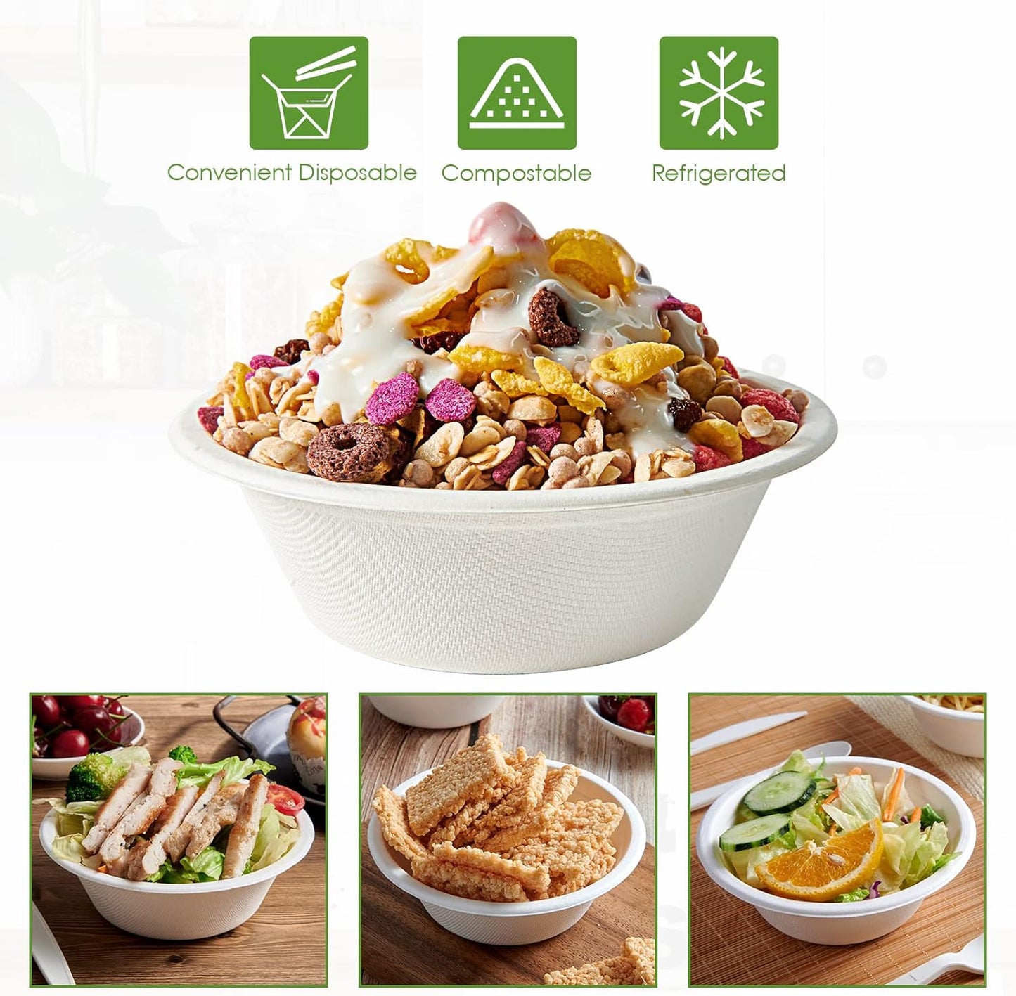 Vplus 200 Pack 12 OZ Paper Bowls, Disposable Compostable Bowls Bulk, Eco-friendly Bagasse Bowls, Heavy-duty Bowls Perfect for Milk Cereals, Snacks, Salads
