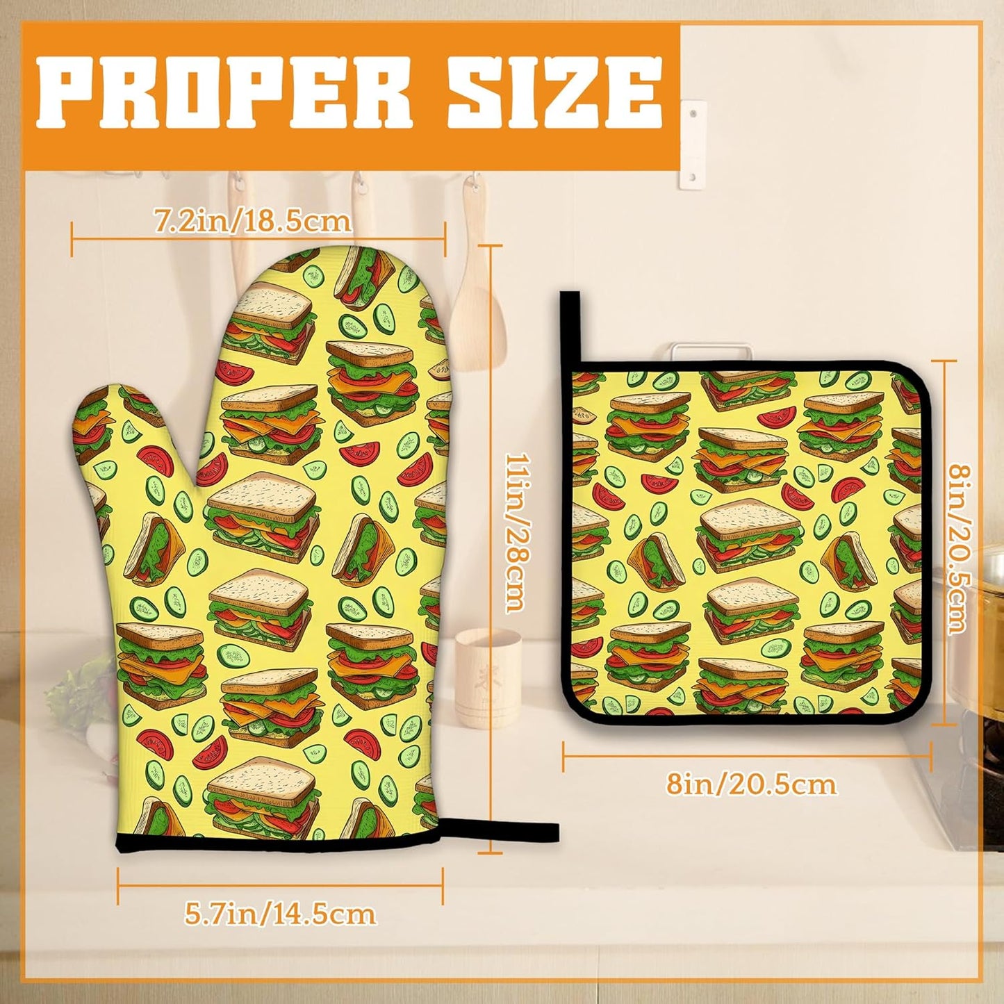 Cute Sandwich Oven Mitts and Pot Holders,Heat Resistant Oven Mitts Gloves and Pot Holder for Home Kitchen Decorations Cooking Baking BBQ Gifts,Set of 4