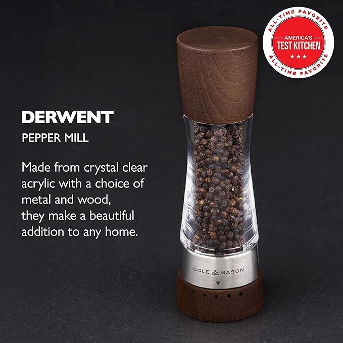 Cole & Mason Derwent Pepper Mill - Refillable Pepper Grinder with Gourmet Precision Mechanisms - Kitchen Accessories for Cooking - Black Peppercorn Grinder for Seasoning - Pepper Mill, Forest Wood