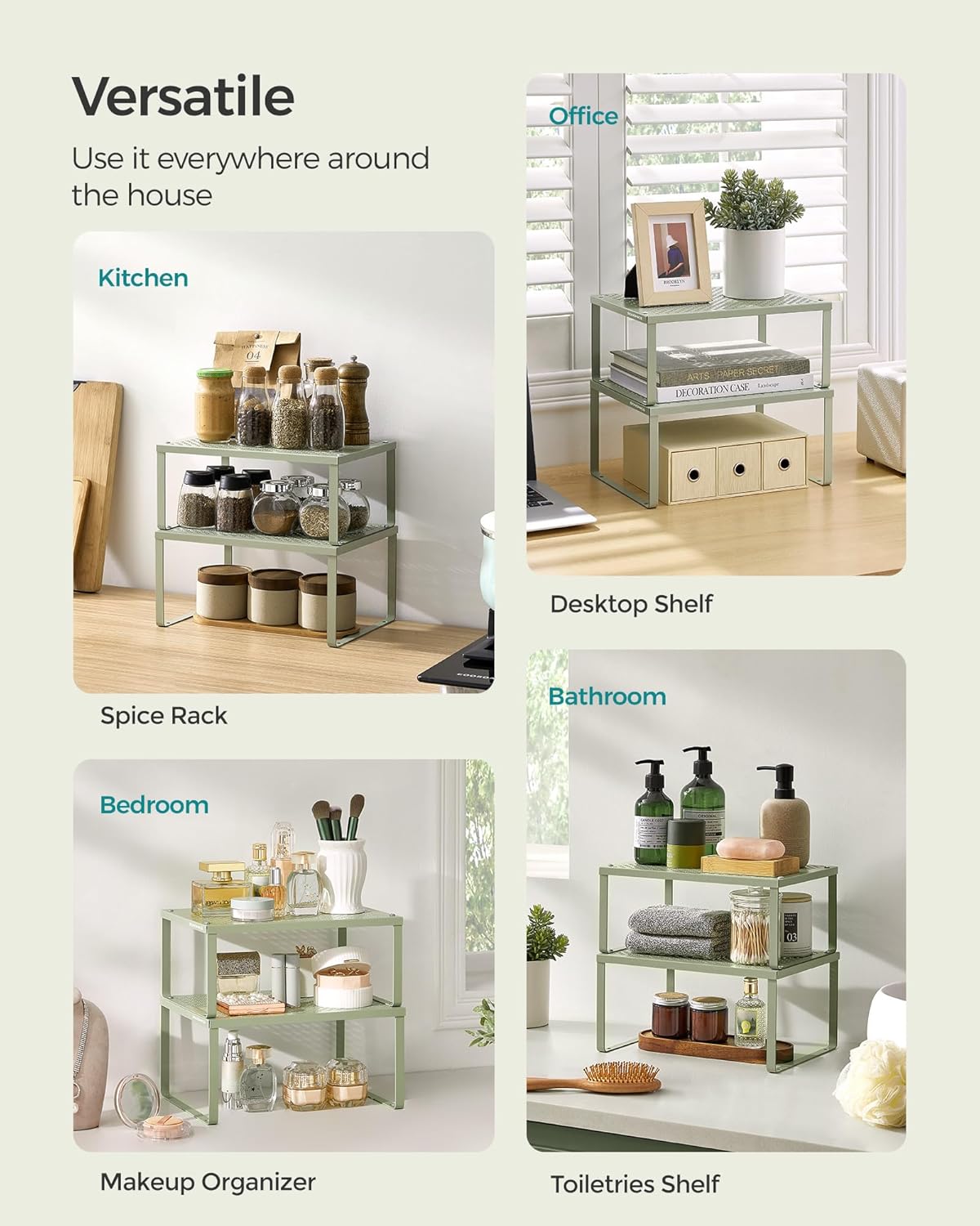 SONGMICS Spice Racks, Set of 4 Metal Cabinet Shelf Organizers, Countertop Organizers, Shelf Risers, Stackable, Expandable, Sage Green UKCS006C01