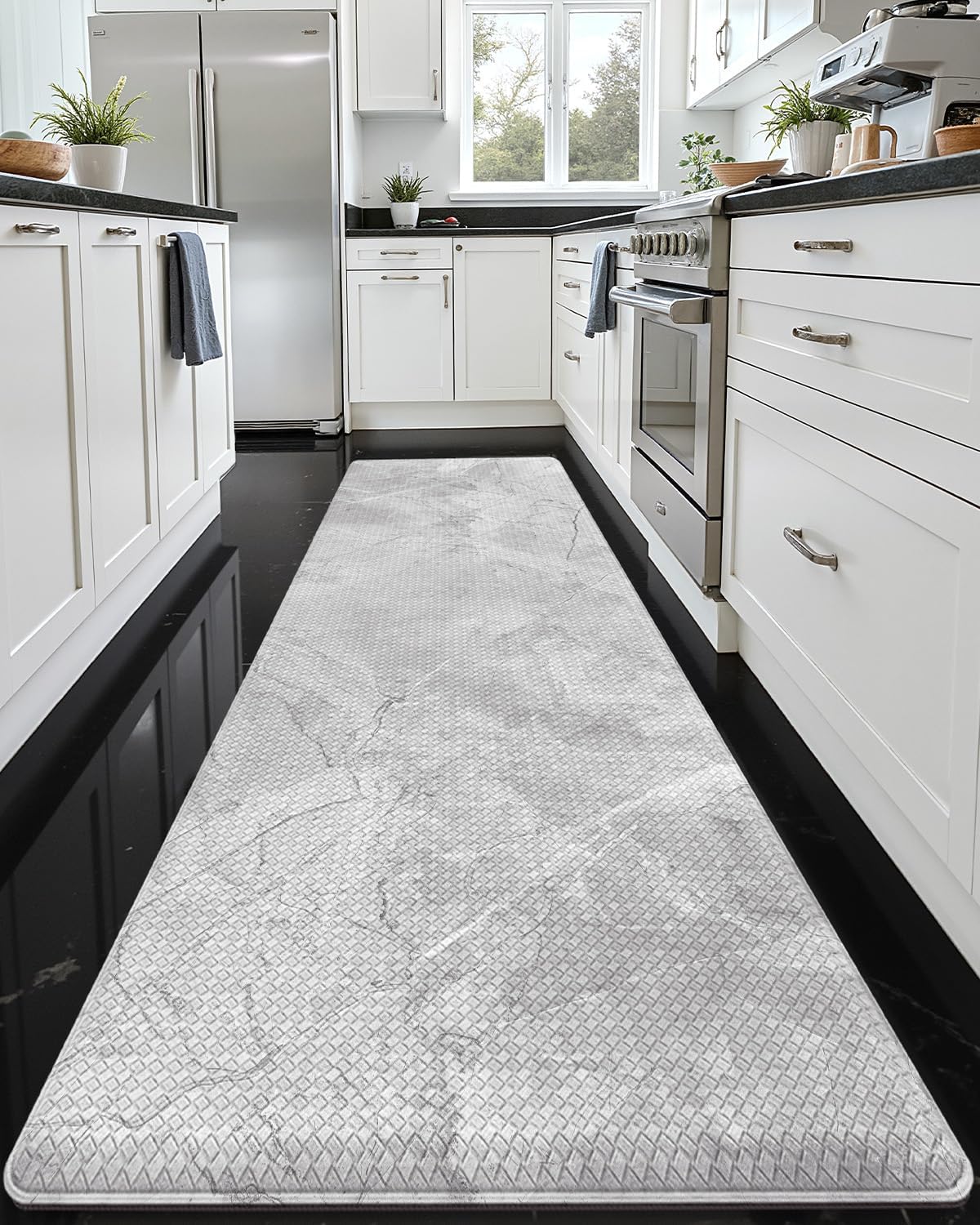 DEXI Kitchen Floor Mats Cushioned Anti Fatigue, 23x86 Large Long Standing Comfort Runner Rug Waterproof, Marble Memory Foam Padded for Front Sink Laundry, Light Grey