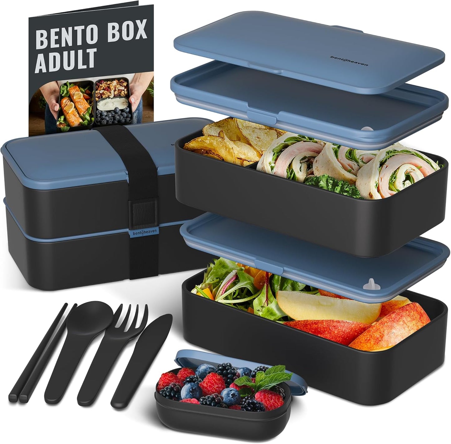 Bentoheaven Premium Bento Box Adult Lunch Box with Compartments for Women & Men, Set of Utensil & Chopsticks & Dip Container, Cute Japanese Kids Bento Lunch Box, Microwavable (Steel My Heart)