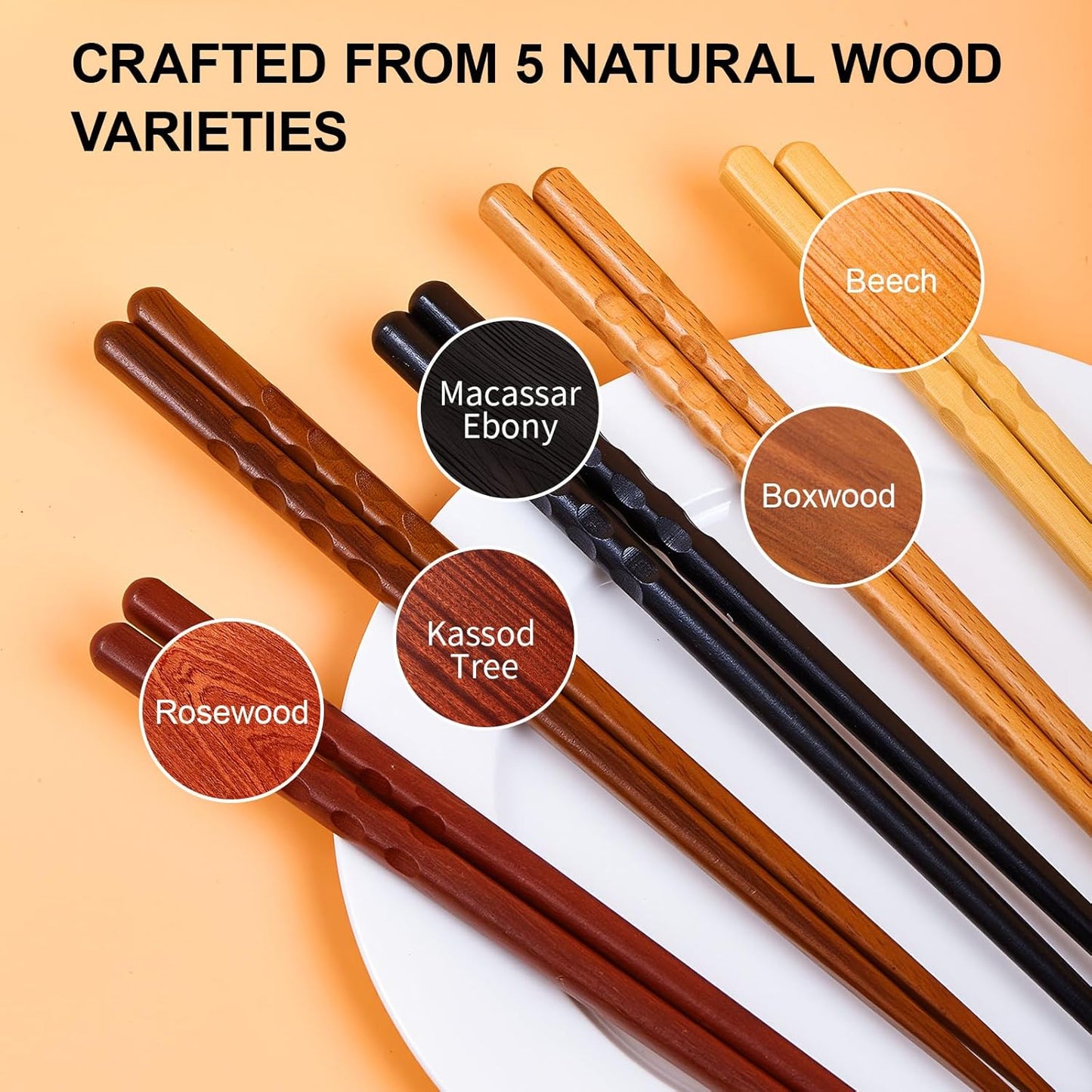 5 Pairs Japanese Minimalist Reusable Chopsticks, 8.8 Inch Non-Slip Natural Wood Set - Ideal for Sushi, Noodles, Rice | Chopsticks Gift Set for Asian Cuisine Lovers