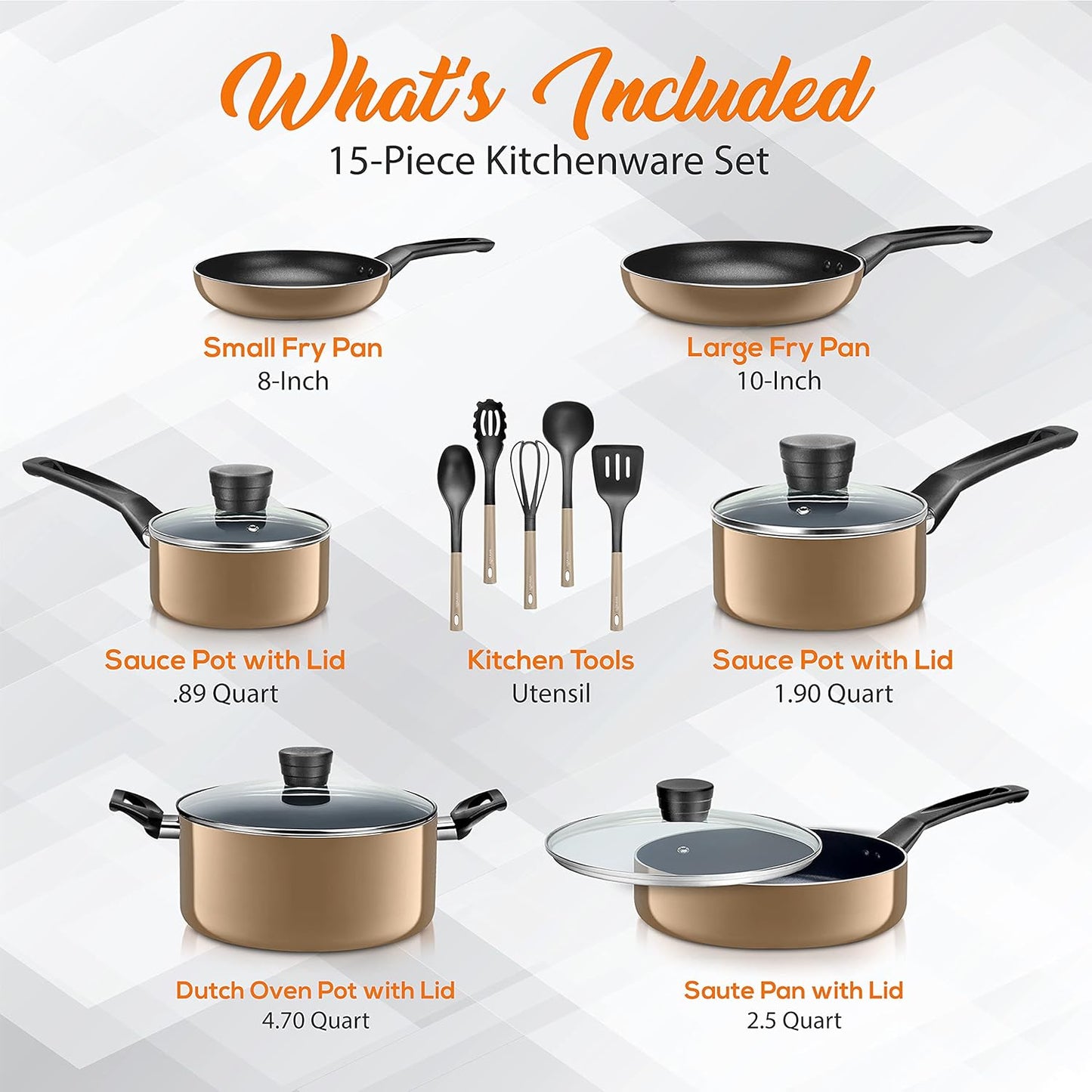 15-Piece Nonstick Kitchen Cookware Set - PTFE/PFOA/PFOS Free Heat Resistant Lacquer Kitchen Ware Pots Pan Set w/Bakelite Handles, Saucepan, Frying Pans, See-through Lid - SereneLife SLCW15GLD (Gold)