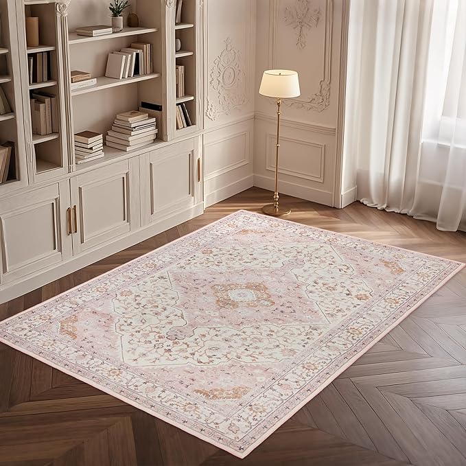 Area Rug for Living Room - Vintage Indoor Machine Washable Rug for Bedroom Dinning Room Floor - Soft Low-Pile Carpet Non-Slip Backing Floral Rugs for Office (Pink, 8' × 10')
