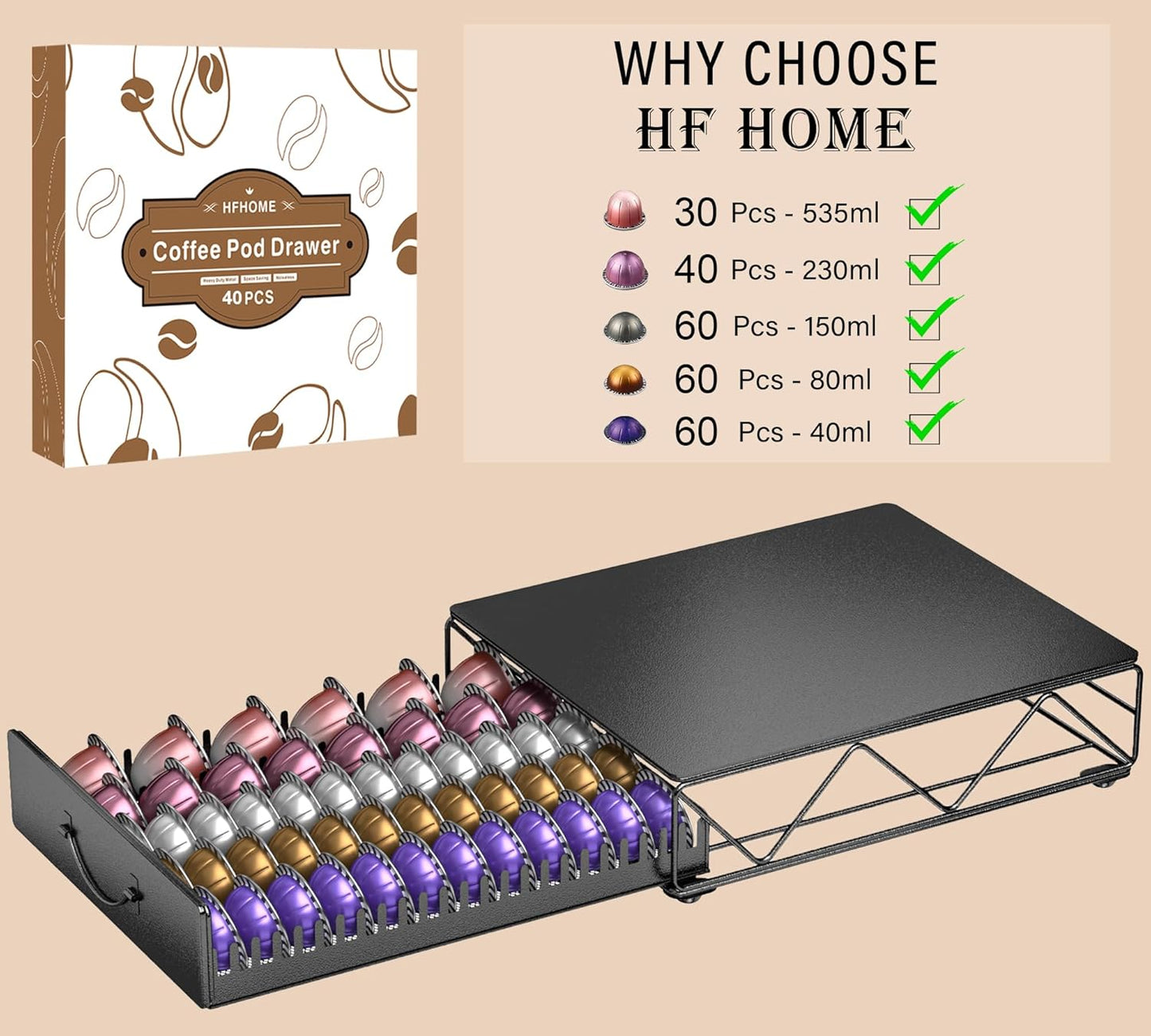 HFHOME Coffee Pod Holder Drawer Compatible with Nespresso - 40 Large or 60 Small VertuoLine Pods - Black Metal Coffee Capsule Storage Organizer for Vertuo - Coffee Capsule Holder for Kcup Home Kitchen