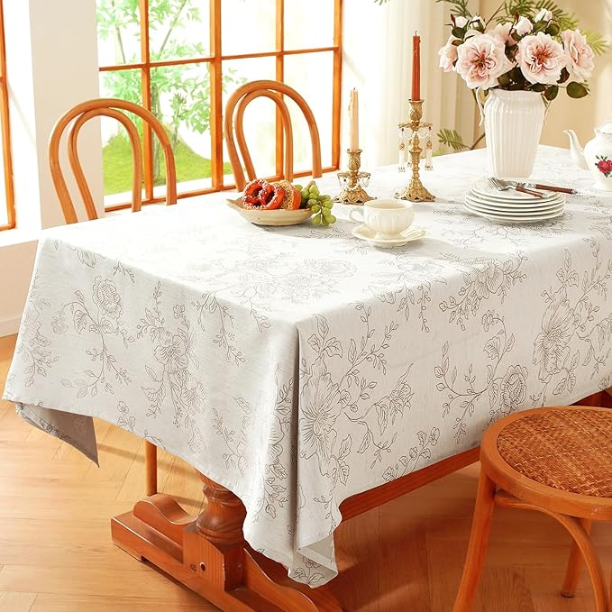 Chassic Premium Vintage Farmhouse Damask Floral 60 x 120 inch Rectangle Table Cloth – Water Resistant Linen Textured Jacquard Tablecloth for Kitchen Dining & Picnic Decor - Beige