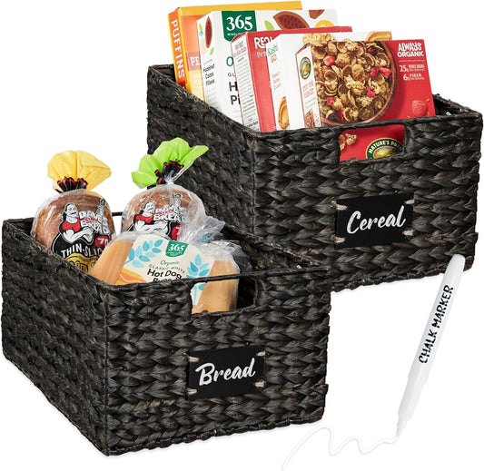 Best Choice Products Pantry Baskets Set of 2 16x12in Water Hyacinth Storage Baskets, Woven Wicker Organizers with handles w/Chalkboard Label Chalk Marker - Black