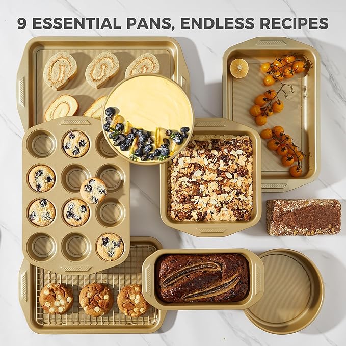 HONGBAKE 9-Piece Baking Pans Set with Wave Texture for Reduced Oil, 0.8mm Thick Bakeware Sets Non Stick, Includes Stackable Cookie Sheets for Oven Cooking, Cake Pan, Muffin Pan, Loaf Pan, Rack, Gold
