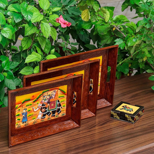 Swadeshi Blessings Wooden Serving Tray Set- Handcrafted & Hand-Painted for Kitchen/Table & Home Decor/Dinning/Gifts/Restaurants/Living Room/Coffee Table (Set of 3 Trays) (Brown)