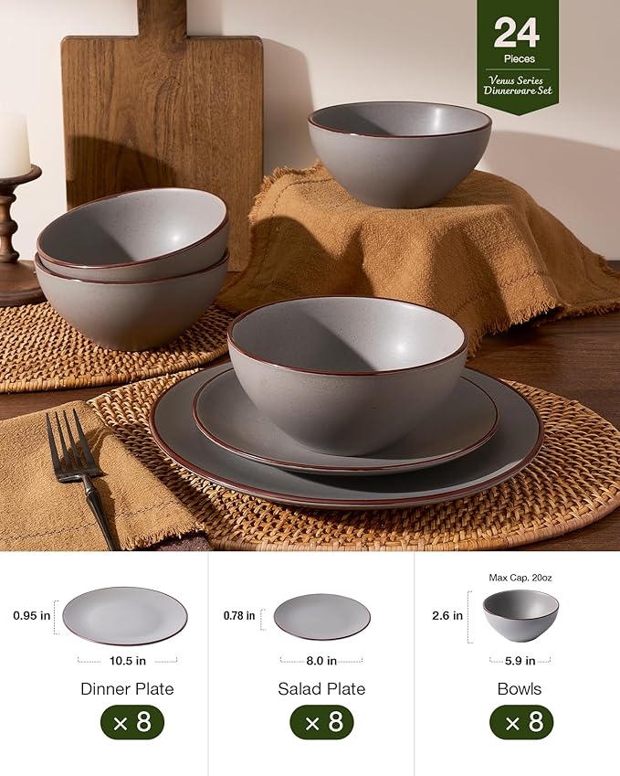 Famiware Venus Ceramic Plates and Bowls Sets, Speckled Dinnerware Dish Sets for 8 (24 Pieces) - Microwave and Dishwasher Safe, Matte Dark Grey