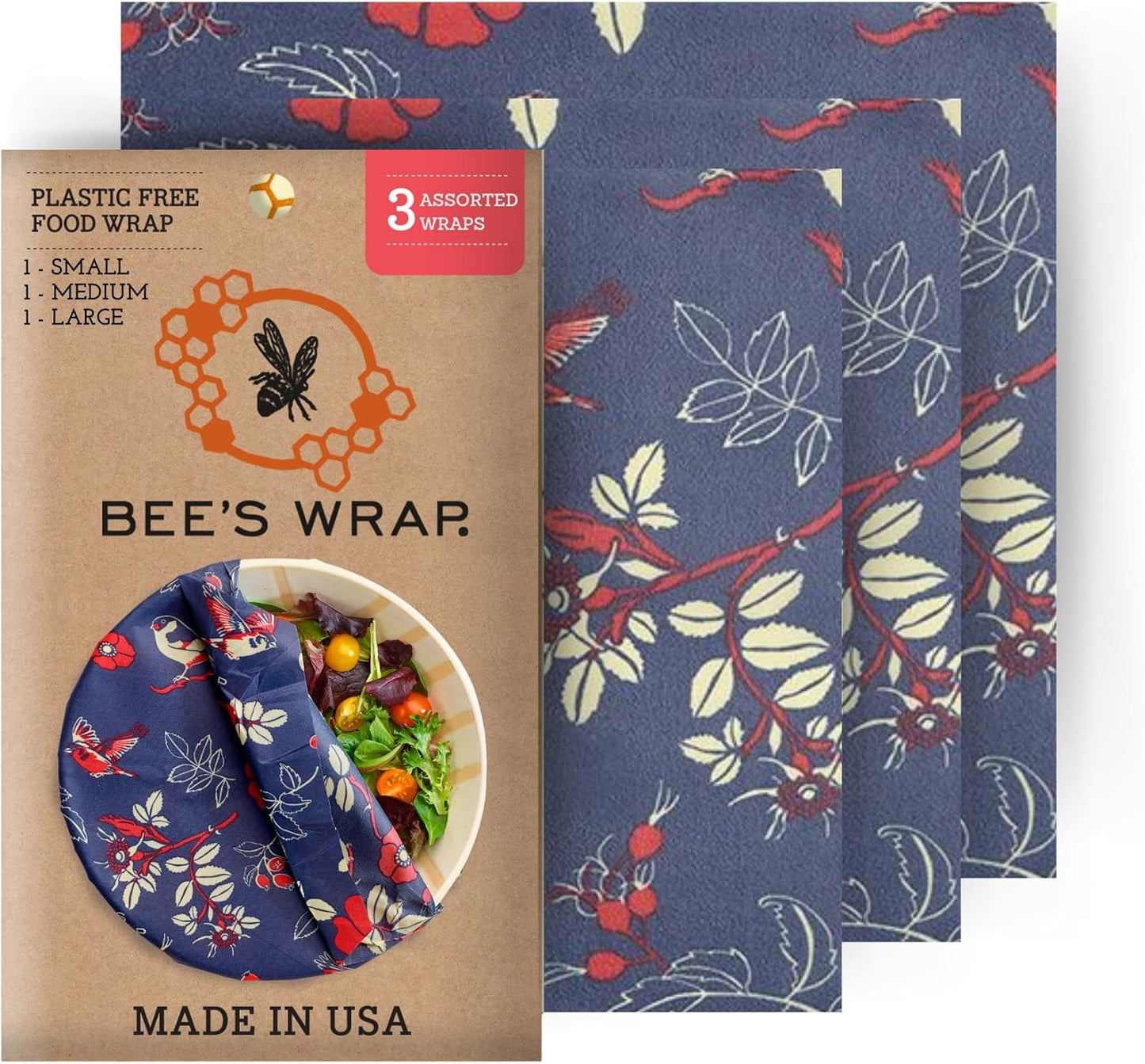 Bee's Wrap Beeswax Wraps for Food - Botanical 3 Pack (S, M, L) Made in USA Reusable & Organic Food Wraps, Sandwich Wrap & Bowl Covers - Eco-Friendly Alternative to Aluminum Foil & Plastic Wrap