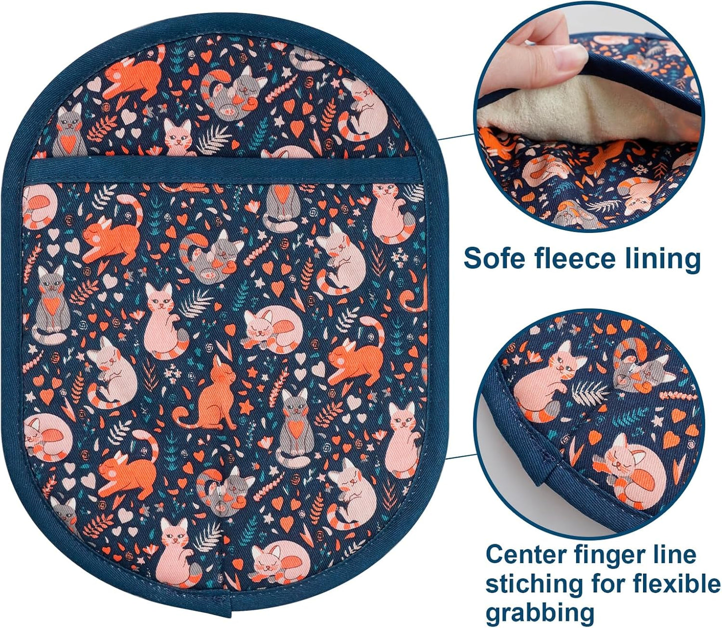 Pot Holders Set of 2 with Transparent Clear Silicone Shell and Nice Cat Flower Cotton Lining, Heat Resistant to 500 F Kitchen Oven Gloves Pot Holder for Cooking (Navy, Cat, Potholders)