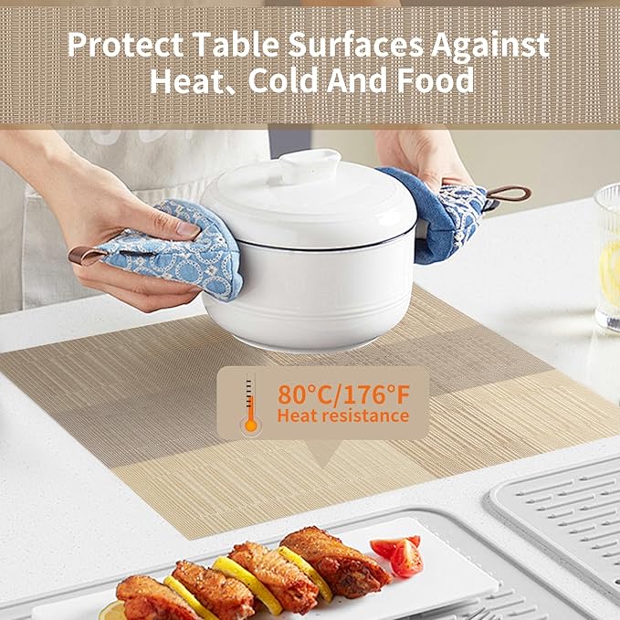 Champagne Modern Placemats Set of 6-Durable PVC Table placemats,Vinyl Woven Place Mats for Dining Table Heat Resistant Non-Slip Washable Indoor/Outdoor Table Mats 12 * 17 inch